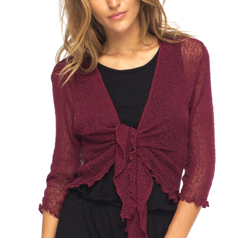 Back From Bali Womens Lightweight Knit Cardigan Shrug Lite Sheer Maroon - Image 1